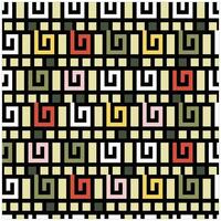 Abstract geometric pattern with swirling squares in a black grid, featuring yellow, green, and red accents. vector