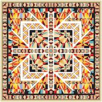 Abstract square print scarf pattern featuring intricate designs in various colors and shapes, creating a visually engaging composition, geometric diamond shape. vector