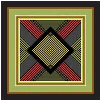 A geometric square print design characterized by a series of diagonal and concentric lines, colorful black, yellow, red, and green and background is predominantly black color, vector