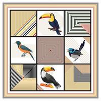 Geometric print pattern that background of each square has distinct geometric patterns, The image features a grid composed of six squares, each containing a different bird illustration. vector