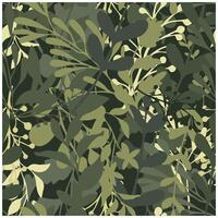 A seamless pattern of stylized leaves and branches in shades of green and yellow. The leaves are arranged in a dense. The background is a dark green. The pattern is abstract and stylized. vector