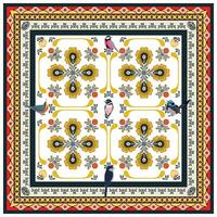 A square print pattern scarf featuring an arrangement of colorful flowers and green leaves, creating a vibrant and natural design. vector