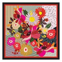 This vibrant square artwork features a bold, stylized floral arrangement, The design is composed of a variety of flowers in contrasting colors, reds, pinks, oranges, and yellows vector