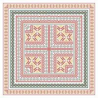 A richly detailed square textile design, reminiscent of traditional folk art or embroidery patterns.These shapes squares, diamonds and triangles interlock to create a complex yet balanced composition. vector