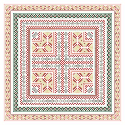 A richly detailed square textile design, reminiscent of traditional folk art or embroidery patterns.These shapes squares, diamonds and triangles interlock to create a complex yet balanced composition.