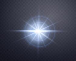 Blue sunlight lens flare, sun flash with rays and spotlight. Glowing burst explosion vector
