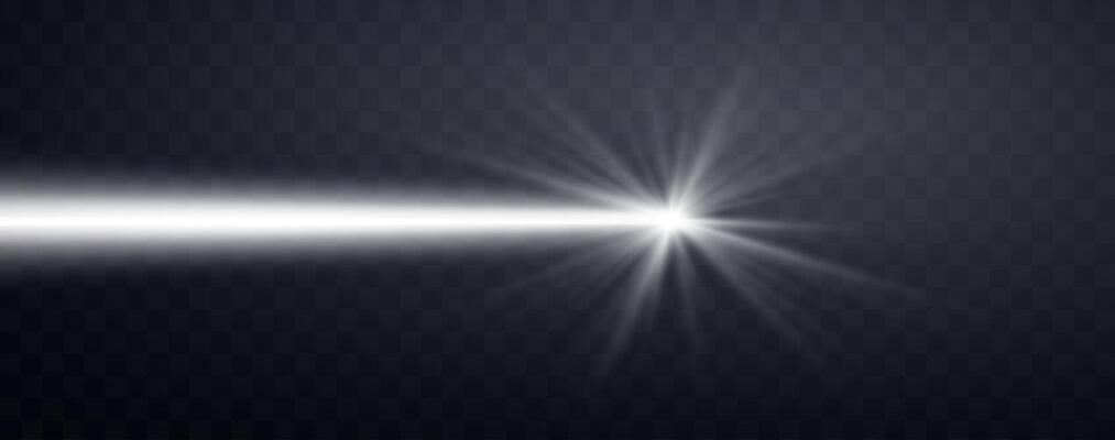 White horizontal laser beam. Neon line, presentation pointer. Silver glow flare light effect.