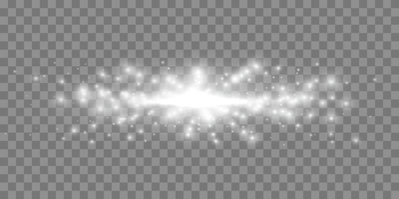 White horizontal lensflare. Light flash with rays or spotlight and bokeh. Silver glow flare light effect.