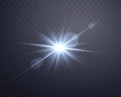 Blue sunlight lens flare, sun flash with rays and spotlight. Glowing burst explosion vector