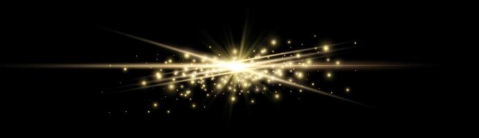 Gold horizontal lensflare. Light flash with rays or gold spotlight and bokeh. Yellow glow flare light effect. vector