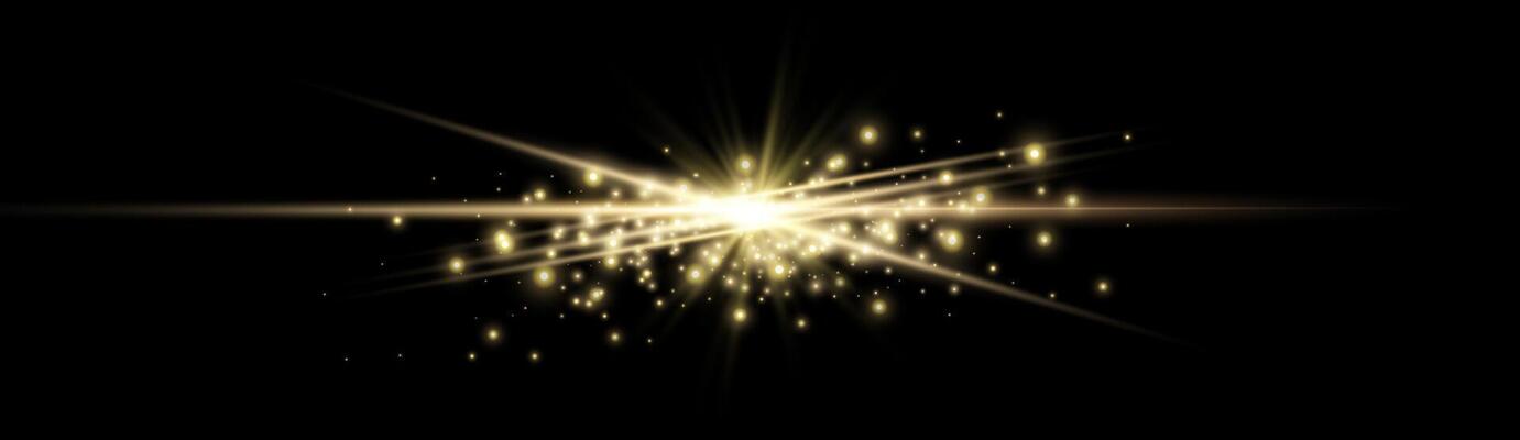 Gold horizontal lensflare. Light flash with rays or gold spotlight and bokeh. Yellow glow flare light effect.