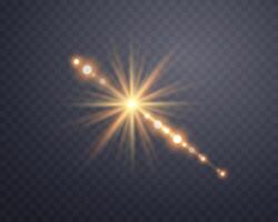 Gold sunlight lens flare, sun flash with rays and spotlight. vector