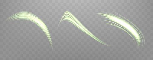 Glowing green lines set. Neon realistic energy speed. Abstract light effect vector