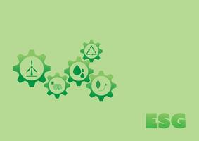 ESG text with energy icons and gear wheel on a green background. Environment, social, governance and sustainability development. vector