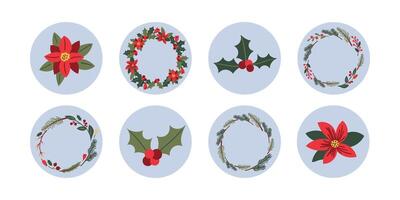 Unique Christmas wreaths flat color objects set. Flowers pine cones leaves and branches frames sticker illustrations pack on white for web, card and social media design . vector