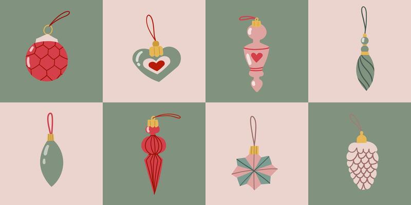 Festive pattern with Christmas tree toys. Ideal for Christmas wrapping paper, holiday decorations and seasonal designs. Hand drawn cozy elements .