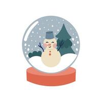 Glass snow globe Christmas decorative design with snow man. Podium under transparent glass dome with white snowdrift . Xmas round scene. Stand for Promotion Product cozy winter element . vector