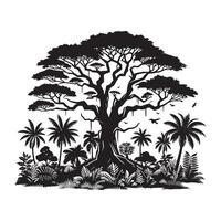 Minimalist Black Silhouette of Dense Jungle Tree Line on White Background vector