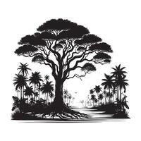 Minimalist Black Silhouette of Tropical Jungle Tree Line on White Background vector
