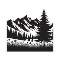 Alpine Meadow Scene in Black Silhouette on White Background vector