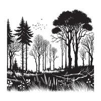 Flat Minimalist Black Silhouette of Sparse Woodland Tree Line vector