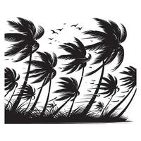 Black Silhouette of Wind-Blown Palm Tree vector