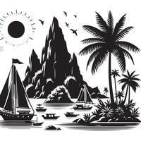 Flat Black Silhouette of Tropical Island on White vector
