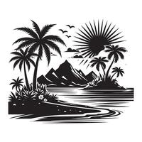 Minimalist Black Silhouette of Tropical Island with Palms vector