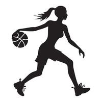 Dynamic Silhouette of Woman Dribbling Basketball on White Background vector
