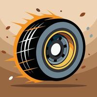 A close-up of a spinning tire, with dust and debris flying, showcasing speed and power. vector