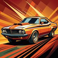 Bold, sharp art of a 1970s muscle car with exaggerated power and stance. vector