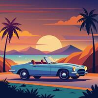 An elegant convertible parked by the coast, palm trees and sunset in the background. vector