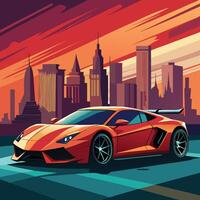 A high-end luxury sports car, parked in front of an urban skyline or in motion on an open road. vector