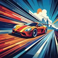 A high-speed car racing down a track, motion blur effects emphasizing speed and energy. vector