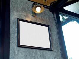 Frame picture white color mockup marketing empty design template blank poster concrete lamp lightbulb wallbackground interior photo decoration advertisement sale product gallery pattern floor canvas