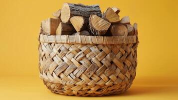 A wicker basket filled with firewood sits on a yellow background photo