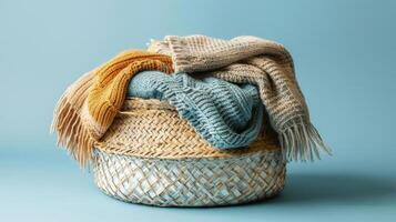 A beautiful still life image of a wicker basket filled with colorful yarn. The soft colors and textures create a warm and inviting feeling. photo