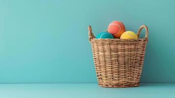 A still life image of a wicker basket filled with softballs on a blue background. The basket is placed on a blue table. photo