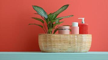 A beautiful still life image of a wicker basket filled with a lush green plant, a pink lotion bottle, and a red soap bottle photo