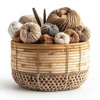 A beautiful still life of a wicker basket filled with yarn in various colors and textures photo