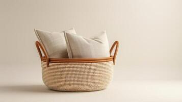 Generate a professional 3D rendering of a storage basket with pillows inside it photo