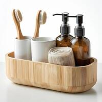 Create a digital painting of a bathroom vanity made of bamboo photo