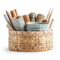 A beautiful still life of a woven basket filled with various items including rolled paper, textured sticks, a bowl, and other assorted items photo