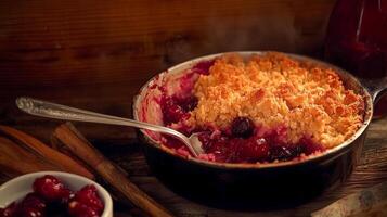 Overhead view of vegan cherry crumble in skillet, hyper-realistic and detailed photo