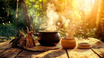 Hyper-realistic ayahuasca brew in Amazon rainforest during shamanic ceremony photo