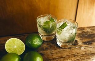 Hyper-realistic 3D rendering mojito background featuring green limes and mint photo