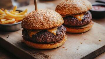 Juicy beef and cheese burger on brioche bun in a cozy warm burger joint setting photo