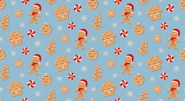 Christmas seamless pattern with gingerbread, swirl candies and snowflakes on blue background. vector