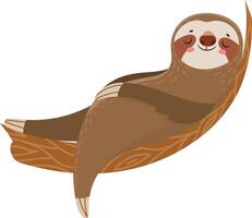 Adorable sloth napping on a tree branch in a rainforest. Perfect for kids, promoting education about endangered species. Evokes positivity and tranquility vector