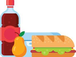 School lunch with a sandwich, a pear, a bottle of soda and a lunchbox representing a healthy and balanced meal for students vector